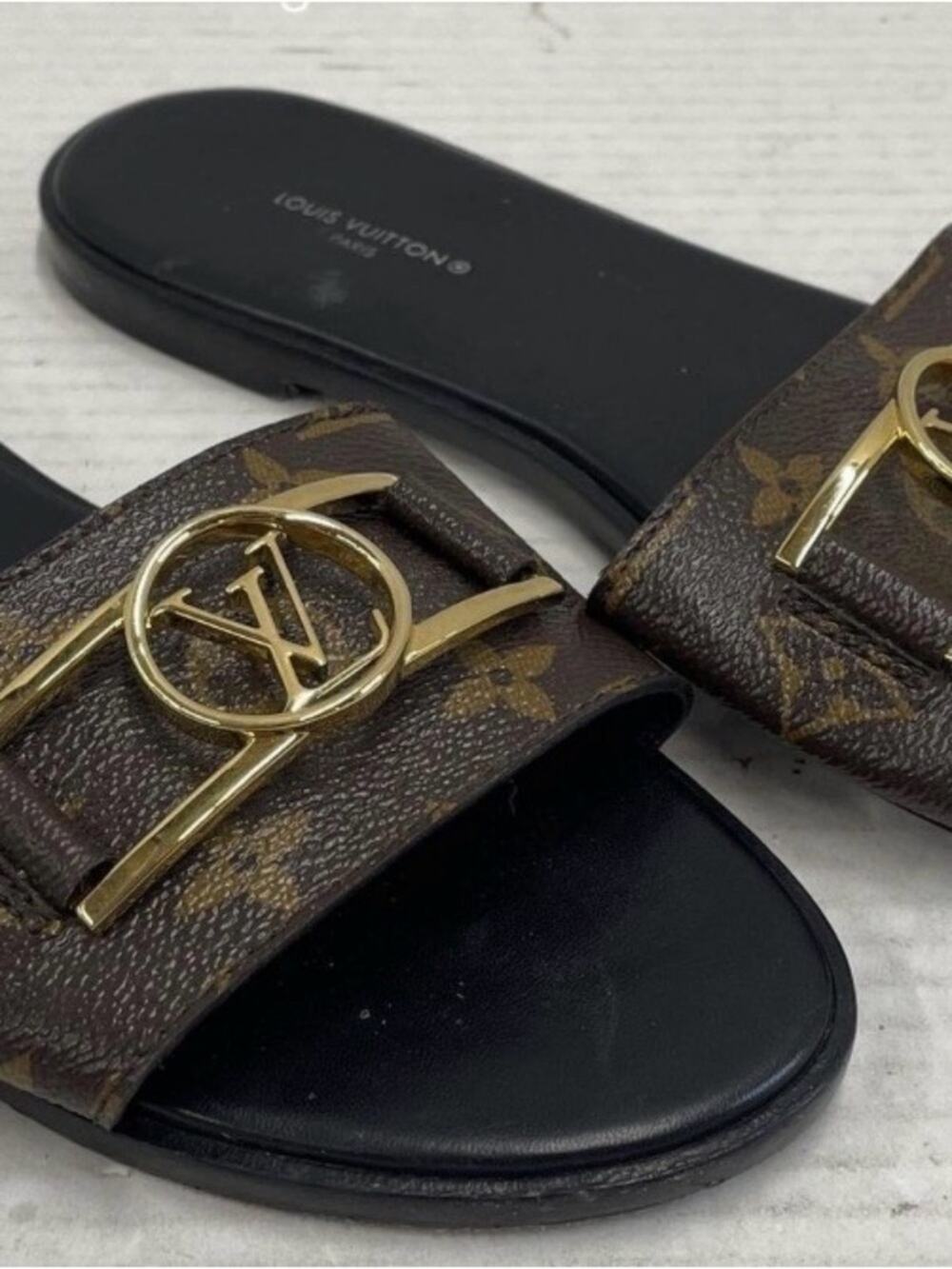 Louis Vuitton Brown Monogram Slide Sandals with Gold LV Buckle - fits like 7.5